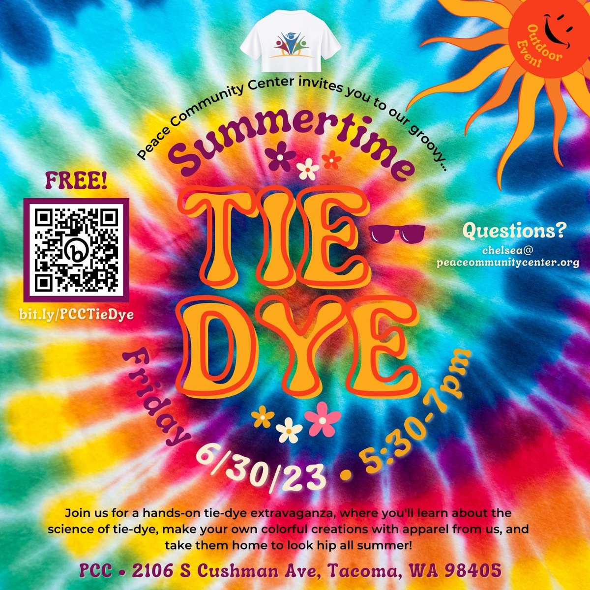 PCCTacoma's tweet photo. On Friday, June 30, we are hosting a Summertime Tie-Dye event for our community from 5:30 to 7pm. We will provide all the apparel, you just come ready to get creative with an array of groovy hues. Weather permitting, it will take place in the yard outside the classroom at PCC! 🏵️ https://t.co/Sc3xfjbbia