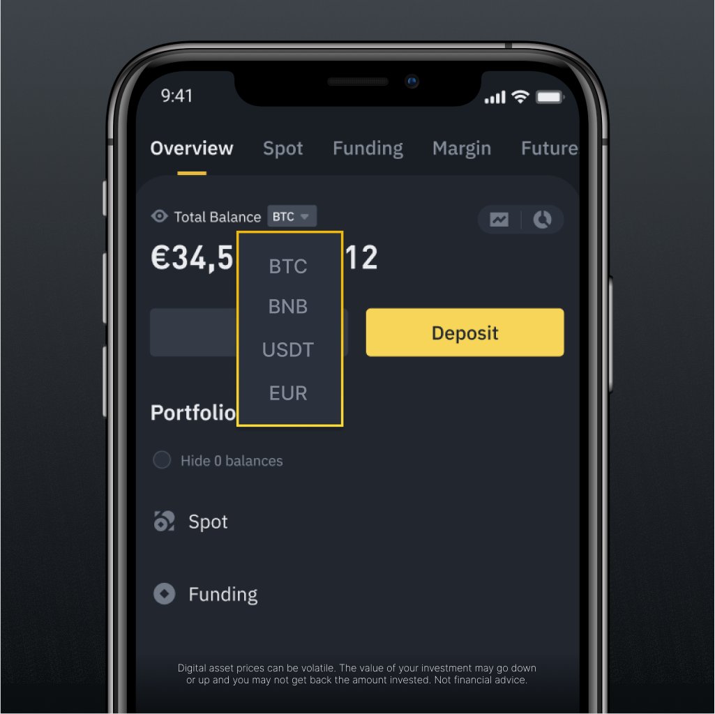 Easily keep track of your total holdings with our new #Binance app update.  Switch between #BTC, $ETH, #BNB, $USDT, and fiat currencies. See the bigger  picture with #BinanceBuild.