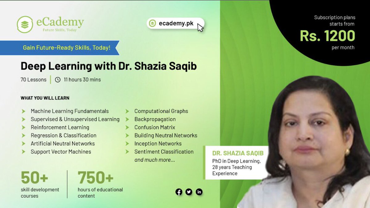 Let Dr. Shazia Saqib, a PhD in Deep Learning teach you this course on ECademy.pk. 

One of the most in-depth Hi-Tech courses on ECademy platform. With a completion certificate plus a university certificate after you pass an exam designed by Dr. Shazia herself. 

Only