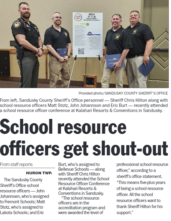 Way to go Deputy Burt and Sandusky County Sheriff's Office School Resource Officers! Courtesy of the Sandusky Register...
