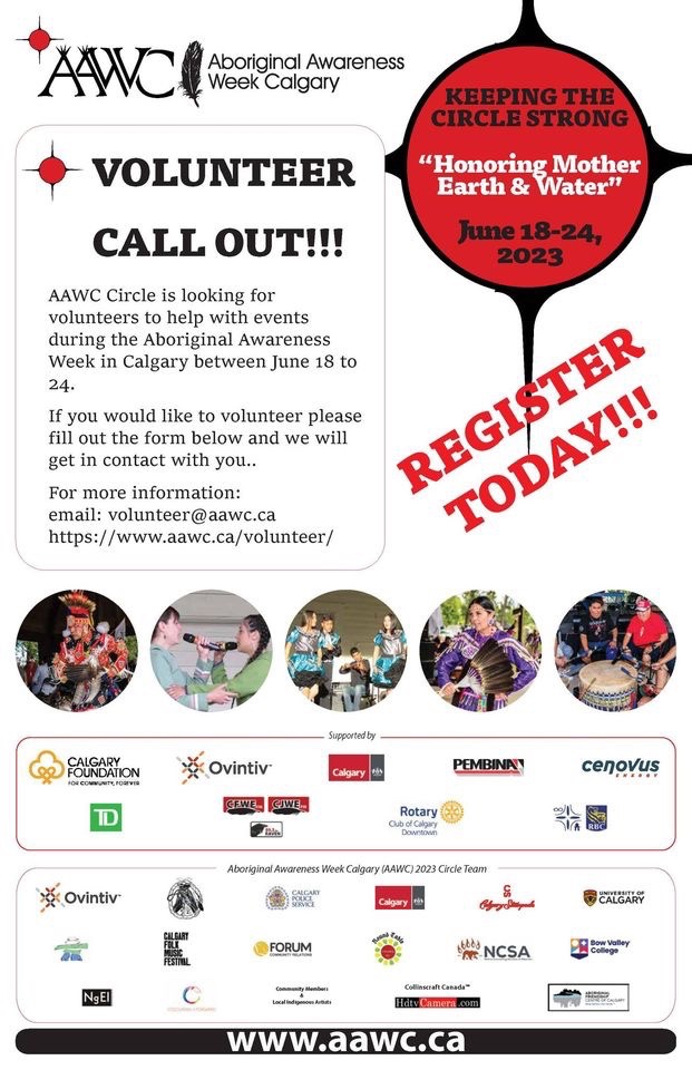 We are looking for volunteers for the AAWC Family Day Festival and Pow wow. Sign up through our website AAWC.ca