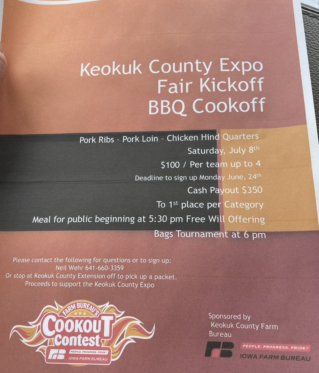 We are have a cook off competition for our fair kick off at the Keokuk County Expo in Sigourney, IA.  Come and compete or just come for the food and bags tournament in the evening.
