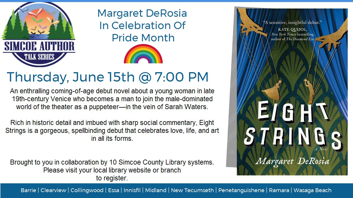 We are very excited about our next author talk with Margaret DeRosia to talk about 'Eight Strings'! Be sure to sign up:
libraryaware.com/2STS41
#Ramara #SimcoeCounty #authortalk #librarylove
