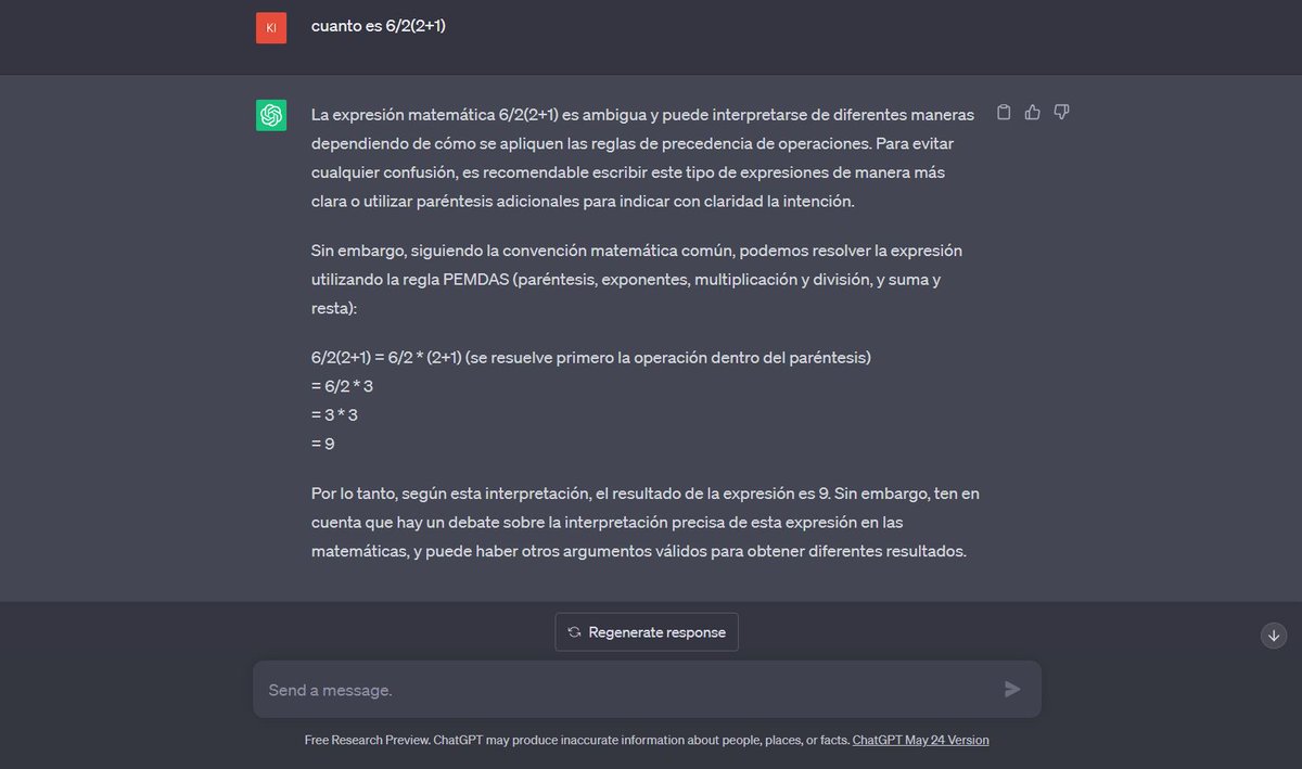 Loko_spain's tweet photo. @MusicEdgar @Camperante @InformaCosmos Incluso ChatGPT te dice una cosa y la contraria. Las matemáticas funcionan igual para todos, pero la forma de interpretar una ecuación por cómo está escrita puede ser distinta en cada país. Al menos en España poner o no una "x" para decir que está multiplicando es indiferente. https://t.co/YrlFW5AkCv