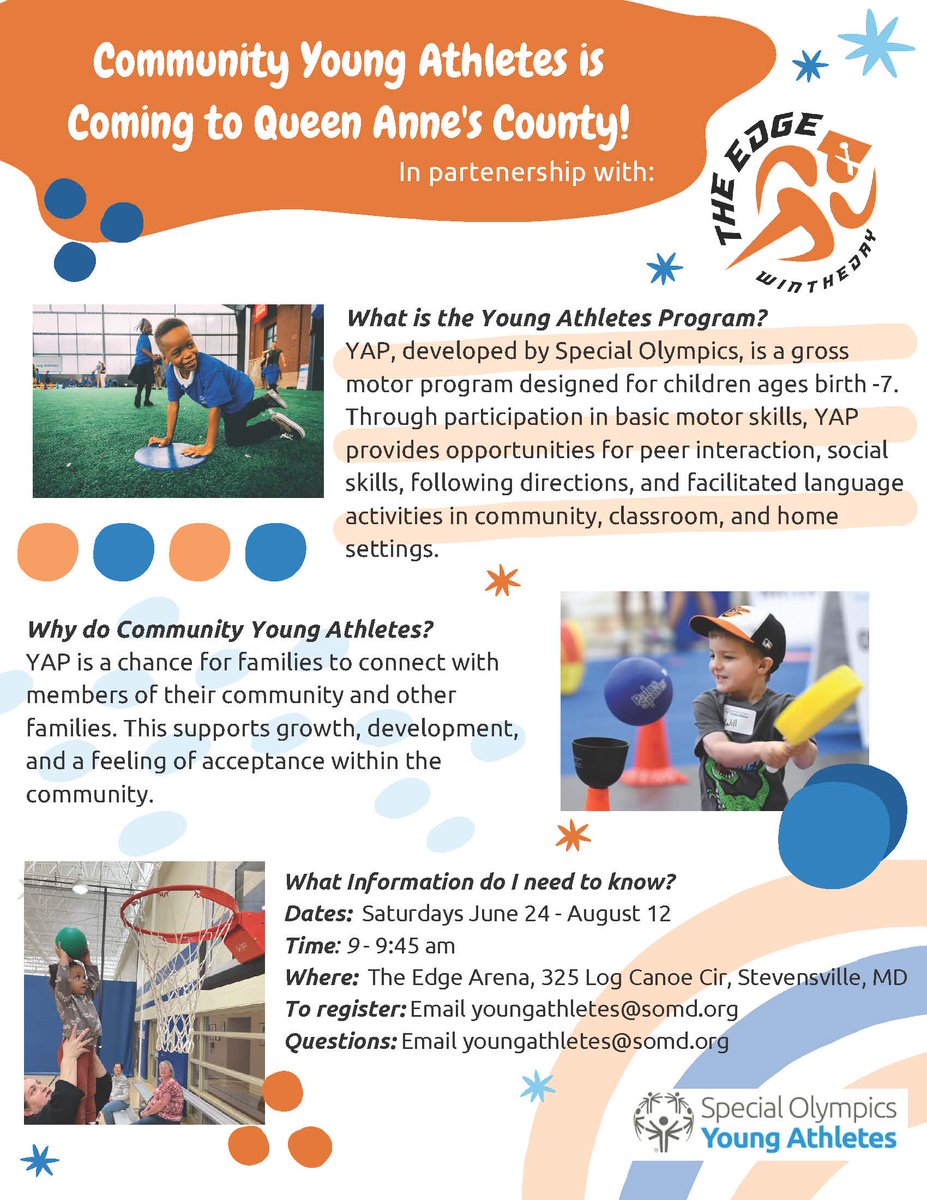 Special Olympics Maryland (@spolympicsmd) on Twitter photo Our Young Athletes Program is coming to the Upper Shore! We are proud to be partnering with The Edge Training Academy in Stevensville, MD to host this new program on Saturdays, June 24 - August 12 from 9 am - 9:45 am. To register, please email youngathletes@somd.org. Our Young Athletes Program is coming to the Upper Shore! We are proud to be partnering with The Edge Training Academy in Stevensville, MD to host this new program on Saturdays, June 24 - August 12 from 9 am - 9:45 am. To register, please email youngathletes@somd.org.