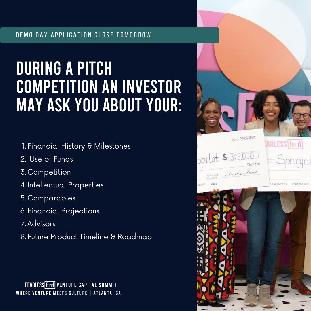 🎤 We want to help you get ready to take the stage to pitch live during #VCSUMMIT23 🙌🏾 Here are a few questions our Investors may be asking! Applications for Demo Day close TOMORROW! Click the link in our below to apply today! 🙌🏾 lnkd.in/g-9ypibn