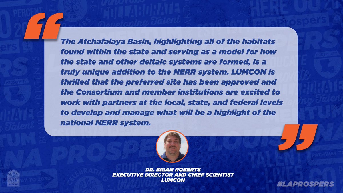 LA_Regents's tweet image. During his LUMCON update, Dr. Brian Roberts announced that @LUMCONscience has been chosen as the Louisiana state agency to manage a National Estuarine Research Reserve (NERR).

It will be located in the Atchafalaya Basin.

MORE: coast.noaa.gov/nerrs/

#LaProspers