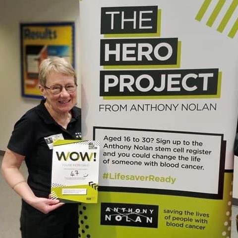 AnthonyNolan's tweet photo. Jean Harris! Jean is a remarkable woman, who has been an Anthony Nolan Volunteer since 2009, delivering talks to sixth formers as part of The Hero Project, and inspiring more young people to join the stem cell register. Thank you Jean! https://t.co/Kt58tShmfe