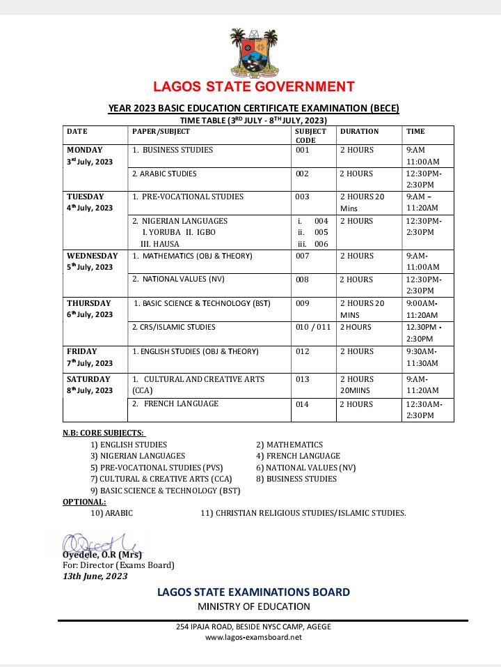 MorakDave's tweet photo. 2023 Lagos State BECE Time Table to Start Mon. 3rd - Sat. 8th July, 2023 https://t.co/2rhkZUlOka