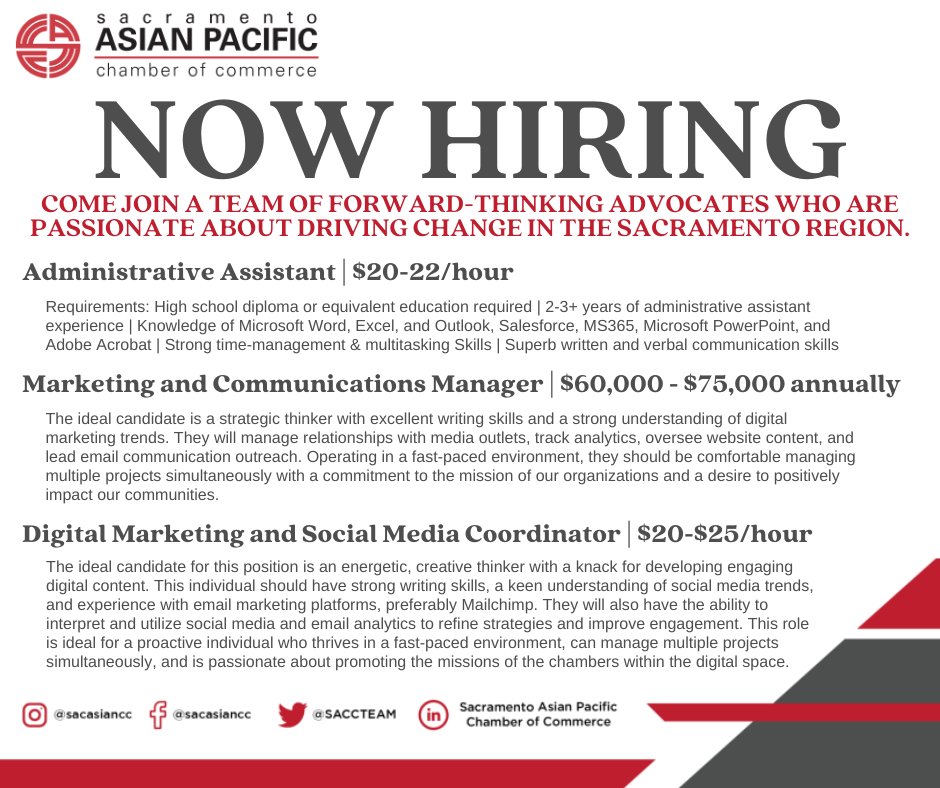 Sacramento Asian Pacific Chamber of Commerce is hiring! Check out these great openings, find out more, and apply at sacasiancc.org/about/careers.