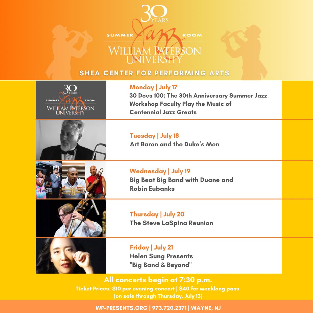 We are heating up summer with 5 nights of hot jazz! The Summer Jazz Room series is back with a fantastic lineup of talented performers.
Join us in celebrating 30 years of exceptional artistry and all aspects of jazz music!

Click the link for tickets

wpunj.edu/wppresents/jaz…