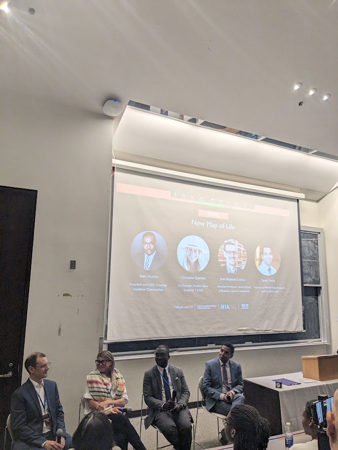 NIAgeing's tweet photo. Panelists @DrSamirSinha, NIA; @JeanAccius, @chcimpact; Christine Sperber, Modern Elder Academy; and @JBLitrico, @queensu discuss their insights and recommendations on what a 100-year life may look like at the #FutureofWorth Leveraging the Longevity Dividend Event. https://t.co/sNB7DF4xGp