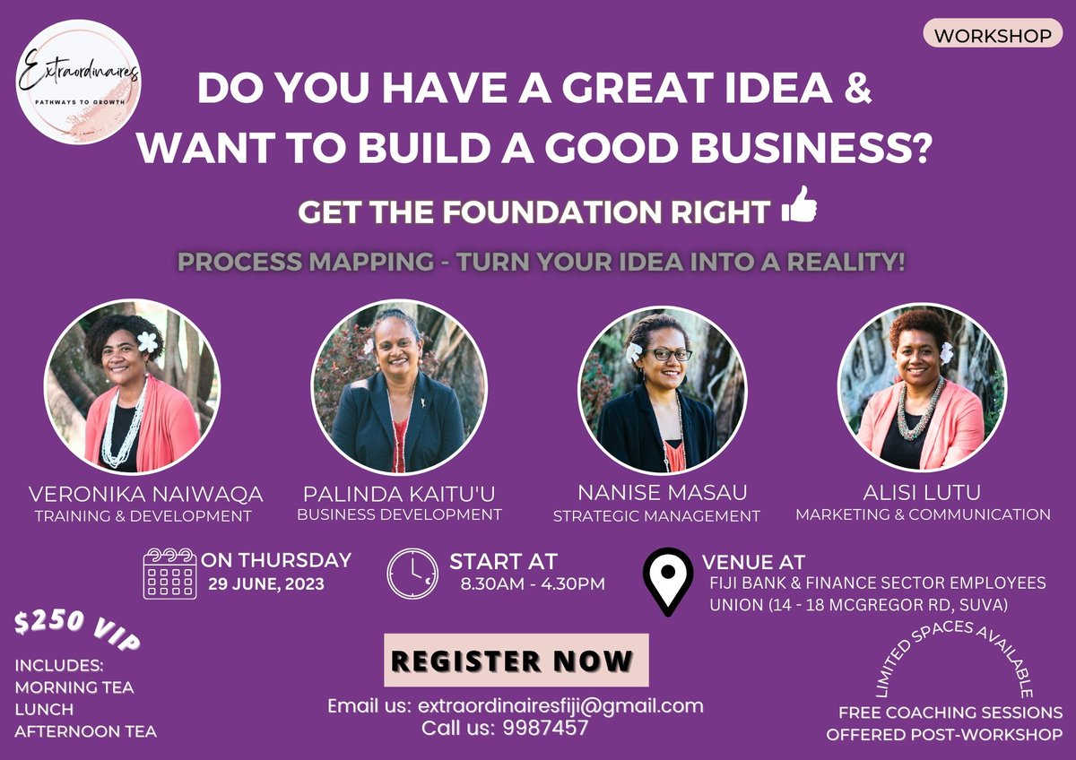 Let’s go #TeamFiji. SUPER excited to share we're offering our second workshop for business start-ups!. 
✅To register》 forms.gle/eL2R2AJc8sYTZ9…  
We are Extraordinaires Fiji, team of 4 women passionate about people, community &amp; building successful &amp; innovative entrepreneurship