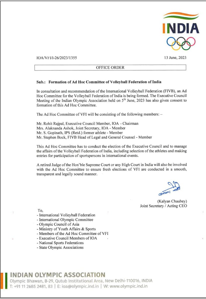 FederationVfi's tweet photo. Temporary Ad-hoc committee formed to act as Volleyball Association of India till the next election, which is going to be held before 45 days as of now. @volleyball @Media_SAI @upsportsminister @girishyadavbjp https://t.co/GhjDp5gkHN