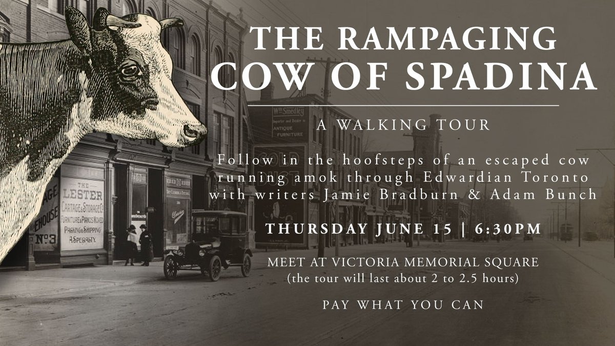 TODreamsProject's tweet photo. Tomorrow night! We'll walk in the hoofsteps of an escaped cow who rampaged through downtown Toronto exactly 110 years ago.

Jamie Bradburn (@jbcurio) &amp; I are teaming up for this weird historical walking tour! https://t.co/yLmalzBOGu