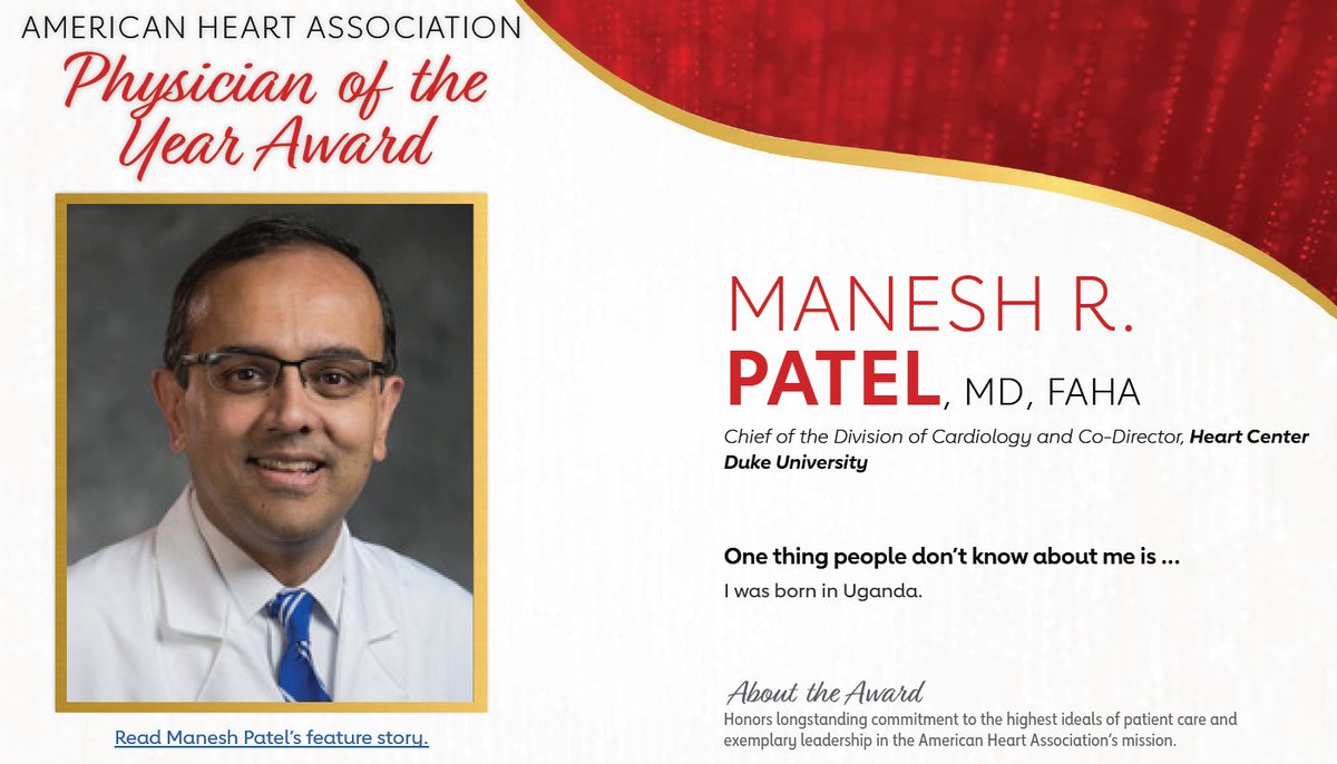 Congrats @manesh_patelMD, @American_Heart 2023 Physician of the Year! High ideals & exemplary leadership @DukeHealth @dukemedicine #AwardsWithHeart duke.is/zjvbs