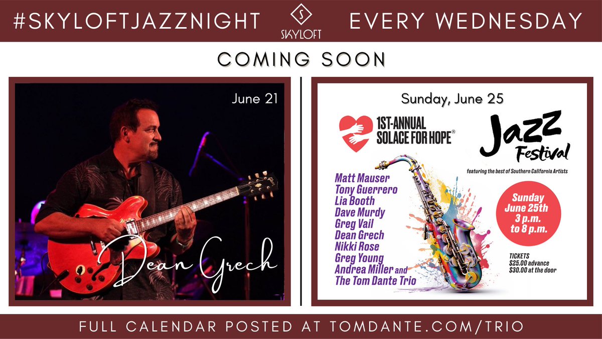 On June 21, it’s Dean Grech with the Tom Dante Trio.
#JamieShew #TomDante #ChrisBarron #ErnieNunez
#LiveJazz #FullBar #HaveSomeFood #GreatFood #JazzNight #JazzVocals #JazzDrums #JazzDrummer #YamahaDrums #JazzPiano #JazzKeys #Rhodes #RhodesPiano #HammondB3
Coming Soon: Dean Grech