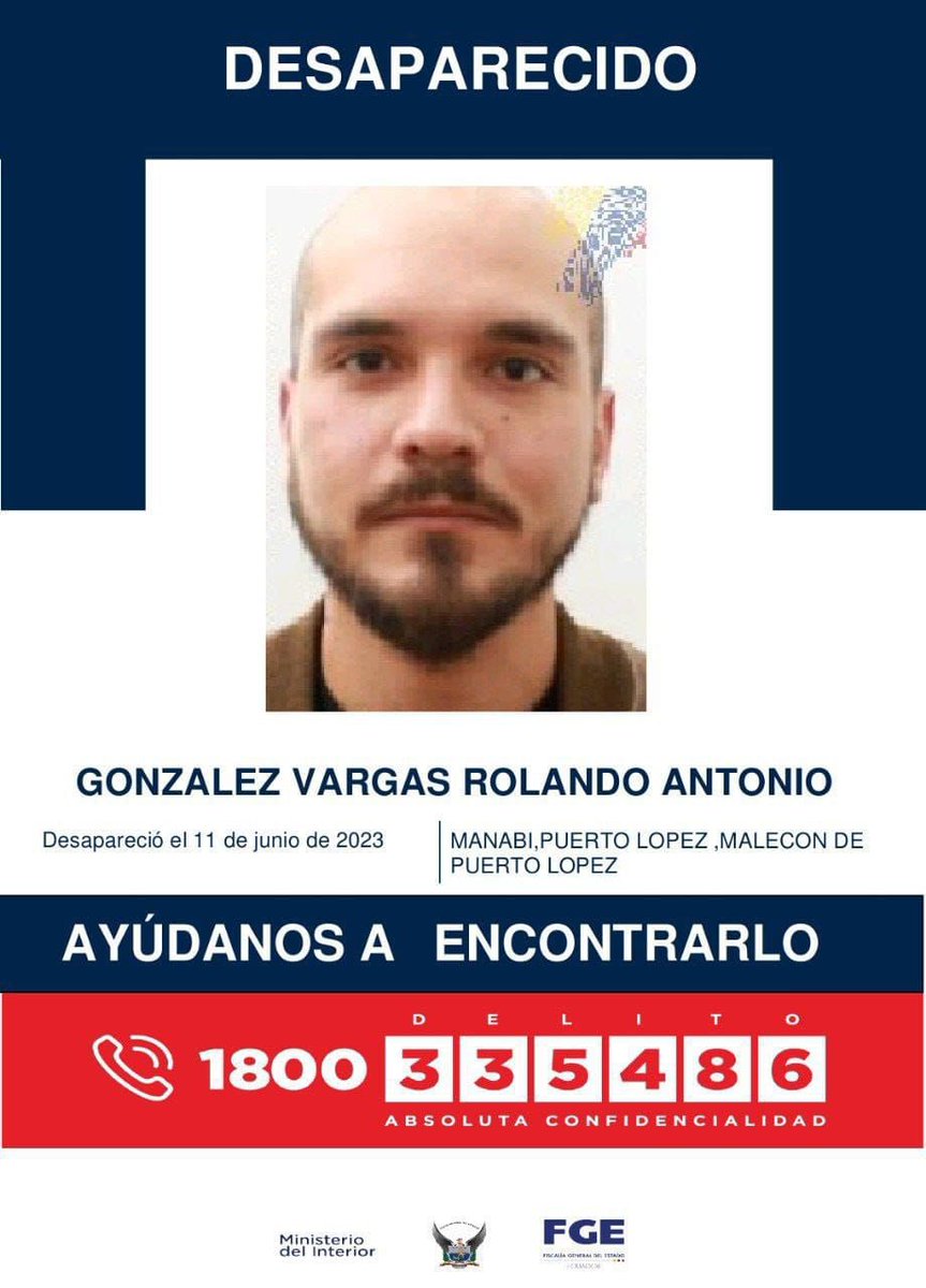 RayuelaComunik's tweet photo. Rolando González, se encuentra desaparecido desde el pasado domingo 11 de junio, en Puerto López provincia de Manabí.

Rolando de profesión arquitecto, publicó un video en redes sociales denunciando que dos individuos con un arma lo estaban persiguiendo. https://t.co/861vtq7zni