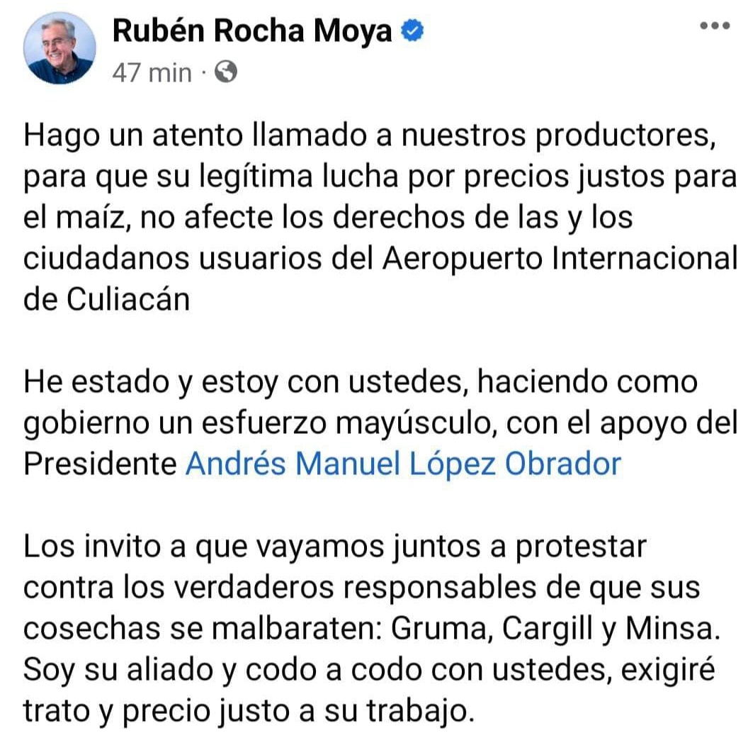 feliccastro's tweet photo. Respaldamos la postura y la política del presidente @lopezobrador_ y del gobernador @rochamoya_ ante la coyuntura de la comercialización del maíz. https://t.co/cbmfKWAWbN