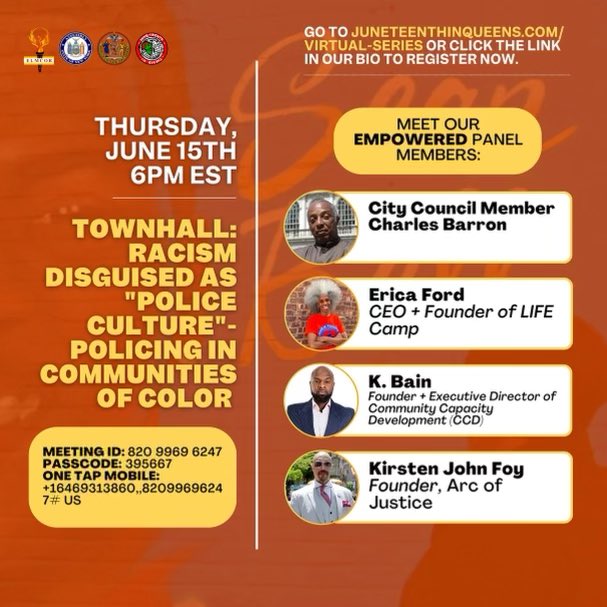 Elmcor's tweet image. Join us tomorrow! TOWNHALL: RACISM DISGUISED AS “POLICE CULTURE” - POLICING IN COMMUNITIES OF COLOR - Pre-Juneteenth Virtual Series Events. Join the conversation! #Junetheenth #JIQ #Junetheenthinqueens #Elmcor