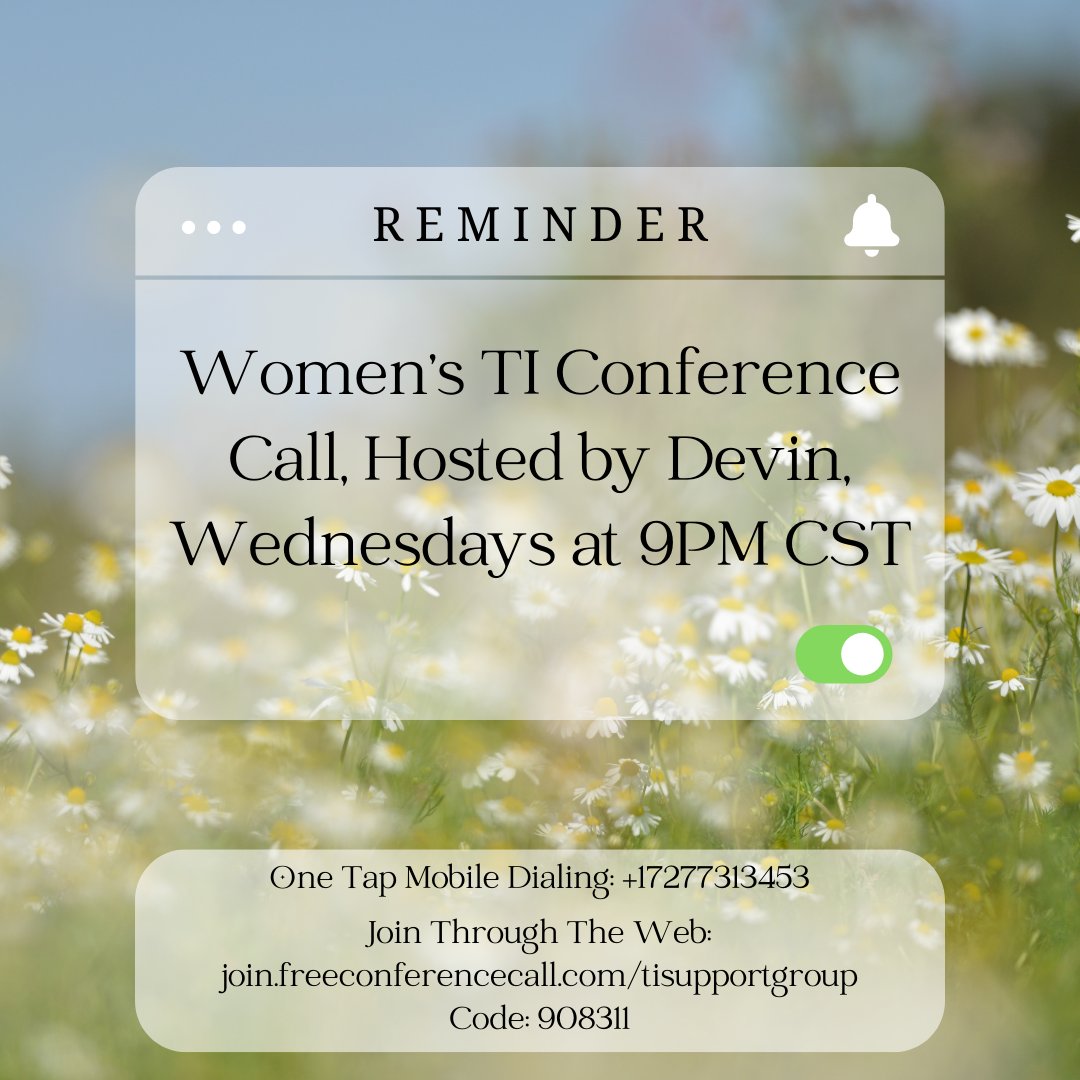 TargetedJustice's tweet image. 📞 Women&apos;s TI Meeting, Hosted by Devin, Tonight at 9 PM CST, 10 PM EST, 8PM Mountain and 7PM Pacific

FreeConferenceCall:
One Tap Mobile Dialing: +17277313453 
Code: 908311
Join online for Video and Screen Sharing: join.freeconferencecall.com/tisupportgroup…

#conferencecall #targetedindividuals #ti