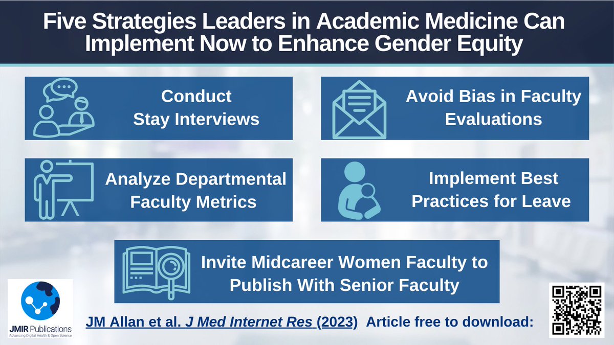 In summary, actions to support #WomenInMedicine  include:

1⃣ Conduct Stay Interviews
2⃣ Analyze Faculty Metrics
3⃣ Implement Best Practices for Leave 
4⃣ Invite Midcareer Women Faculty to Publish W/ Senior Faculty
5⃣ Avoid Bias in Evaluations

📰: jmir.org/2023/1/e47933

🧵 8/8