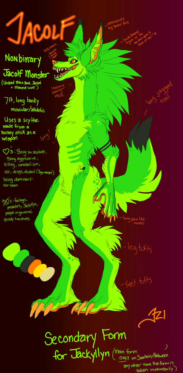 Jacolf's tweet photo. @xLazyCreations This Is such a cool idea! Here is my green meanie Jacolf, they're a species I made that's a mix of borzoi-jackal-maned wolf-hellhound-lung dragon undead monster thing. https://t.co/41vfRcgth7