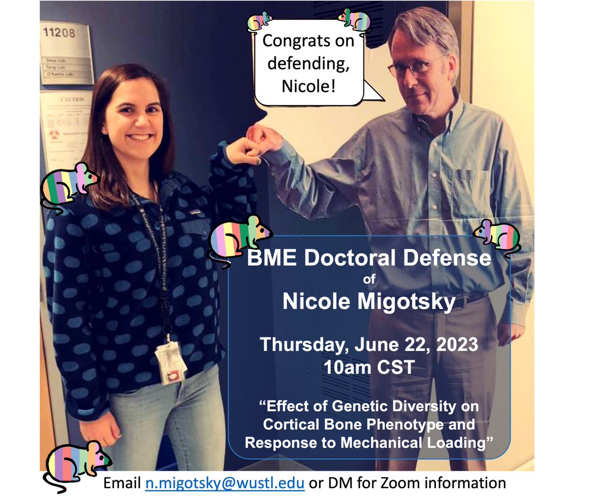 Nicole Migotsky, PhD (@nmigotsky) on Twitter photo It's happening! I am happy to announce I will be defending my PhD next week on 6/22 at 10am CT. If you are interested in genetically diverse mice, bones, or the response to mechanical loading let me know and I will share the zoom details. <a href="/WashU_MRC/">WashU MRC</a> <a href="/washu_ortho_res/">WashU Ortho Research</a> <a href="/WashUBME/">WashU Biomedical Engineering</a> It's happening! I am happy to announce I will be defending my PhD next week on 6/22 at 10am CT. If you are interested in genetically diverse mice, bones, or the response to mechanical loading let me know and I will share the zoom details. <a href="/WashU_MRC/">WashU MRC</a> <a href="/washu_ortho_res/">WashU Ortho Research</a> <a href="/WashUBME/">WashU Biomedical Engineering</a>