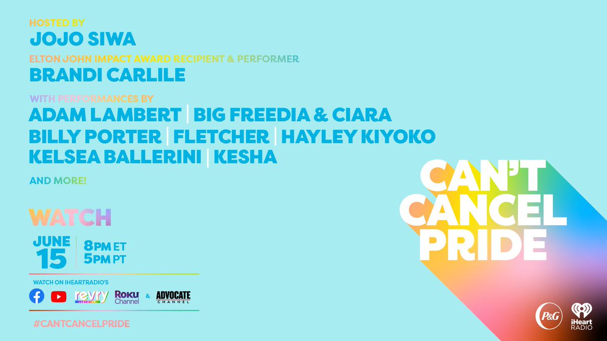 Are you tuning in to #CantCancelPride tomorrow? 

Join us in celebrating visibility and inclusivity for all  🏳️‍🌈 with featured performances from Adam Lambert, Big Freedia &  Ciara, Billy Porter, Hayley Kiyoko, Kelsea Ballerini, Kesha and host  JoJo Siwa! 🎉

The one-hour benefit…