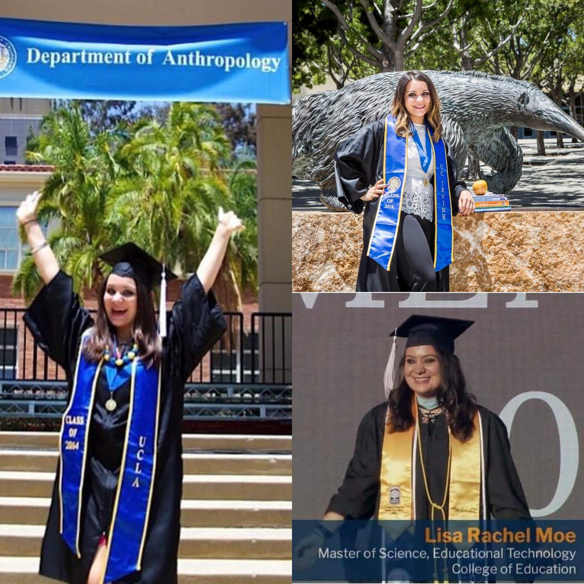 June 14th has marked the anniversary of three milestones that led me on my path of becoming Miss Moe… UCLA ‘14, UCI ‘16, CSUF ‘20…and the best is yet to come! 
 
Keep striving, keep pursuing, always know that there are never time limits to making your dreams come true ✨ 🎓