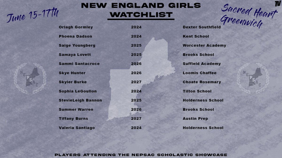 Twin ViZuals (@twinvizuals) on Twitter photo 🚨Players from our “New England Girls Watchlist” attending the NEPSAC Scholastic Showcase🚨
🗓 June 15-17th
📍 Sacred Heart Greenwich
<a href="/NEPSGBCA/">NEPSGBCA</a> <a href="/BashHoopsNE/">Bash Hudson</a>
<a href="/WorldExposureWB/">World Exposure Report Women’s Basketball</a> <a href="/CGBR27/">Dan Olson</a>
<a href="/InsiderExposure/">InsiderExposure</a> <a href="/CghrMedia/">CGHRMedia</a> <a href="/ShaneLaflin/">Shane Laflin</a> <a href="/NEGRecruiting/">NEGR</a> <a href="/NYGHoops/">NYGHoops</a> <a href="/andypottsBRG/">Andy Potts</a> <a href="/KPannell71/">“KP”</a> 🚨Players from our “New England Girls Watchlist” attending the NEPSAC Scholastic Showcase🚨
🗓 June 15-17th
📍 Sacred Heart Greenwich
<a href="/NEPSGBCA/">NEPSGBCA</a> <a href="/BashHoopsNE/">Bash Hudson</a>
<a href="/WorldExposureWB/">World Exposure Report Women’s Basketball</a> <a href="/CGBR27/">Dan Olson</a>
<a href="/InsiderExposure/">InsiderExposure</a> <a href="/CghrMedia/">CGHRMedia</a> <a href="/ShaneLaflin/">Shane Laflin</a> <a href="/NEGRecruiting/">NEGR</a> <a href="/NYGHoops/">NYGHoops</a> <a href="/andypottsBRG/">Andy Potts</a> <a href="/KPannell71/">“KP”</a>