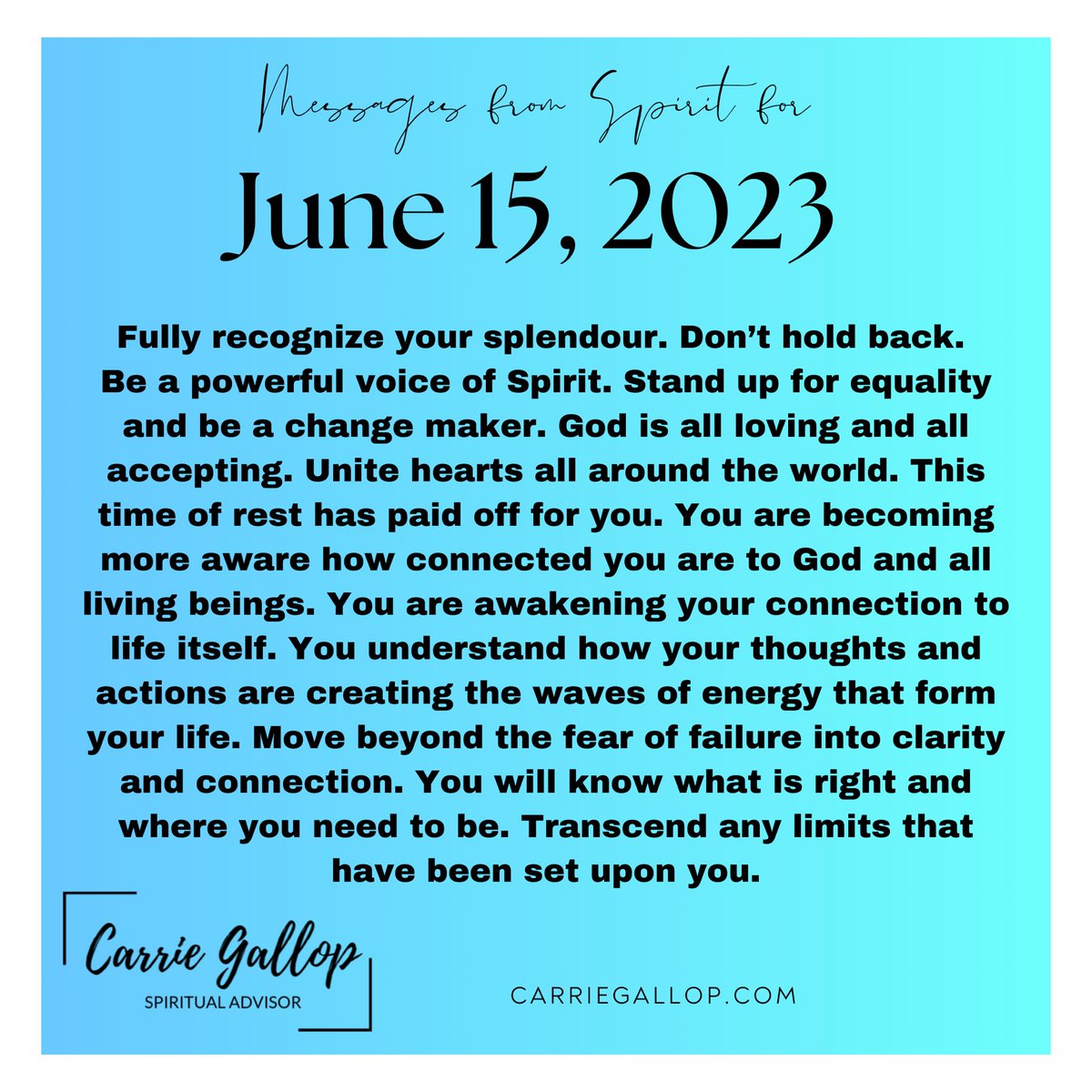 Messages From Spirit for June 15, 2023 ✨

#Daily #Guidance #Message #MessagesFromSpirit #June15 #Recognize #DontHoldBack #Powerful #Voice #Spirit #StandUp #Equality #BeAChangeMaker #God #AllLoving #Accepting #Unite #Hearts #Everywhere #Rest #PaidOff #Connection #Transcend