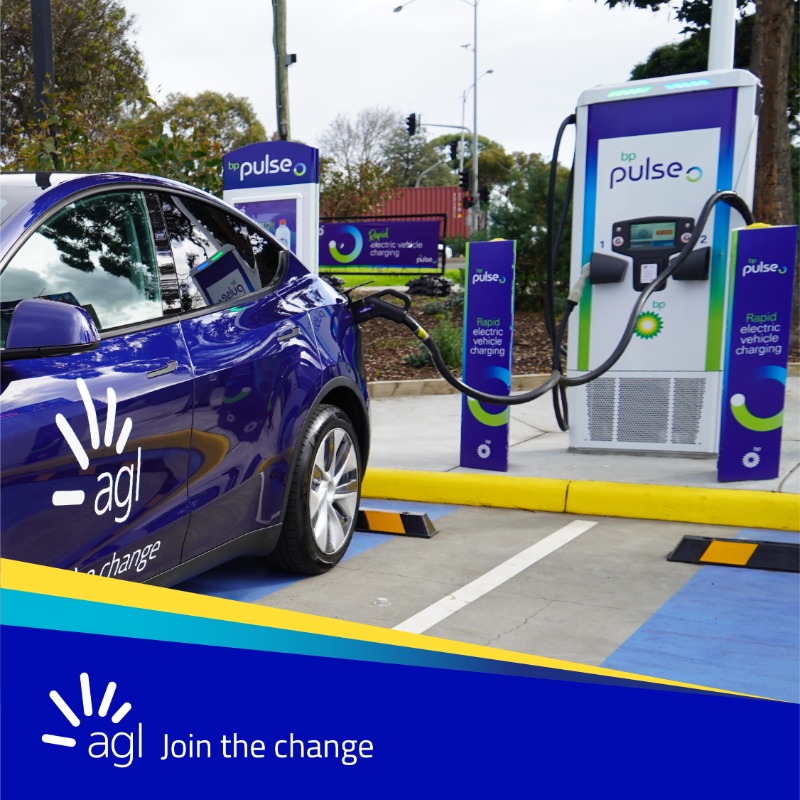 AGLEnergy's tweet photo. AGL and @bp_Australia #JoinTheChange for #EV drivers to access simple and affordable charging. This three-year partnership will help customers on their #electrification and #decarbonisation journey.
