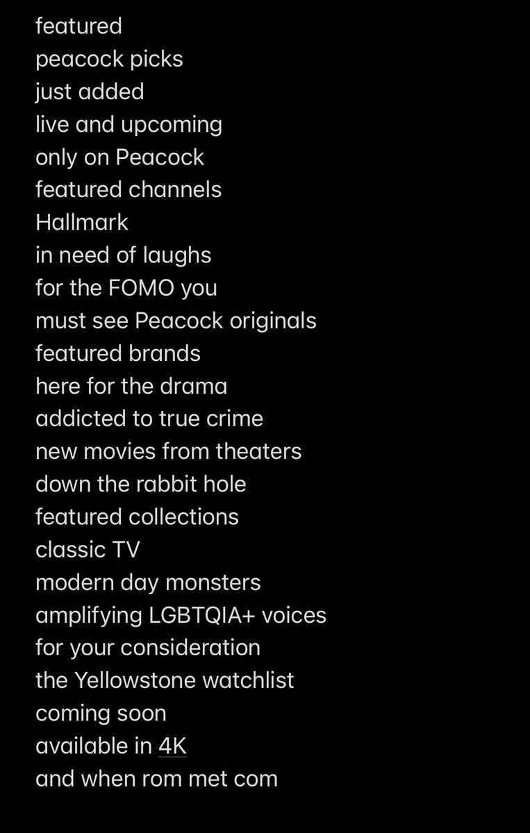 jacobfsmith's tweet photo. @PeacockTVCare I don’t have a recently watched row on the browse page. Here’s a list of all of the rows available. https://t.co/dd7e15rLnW