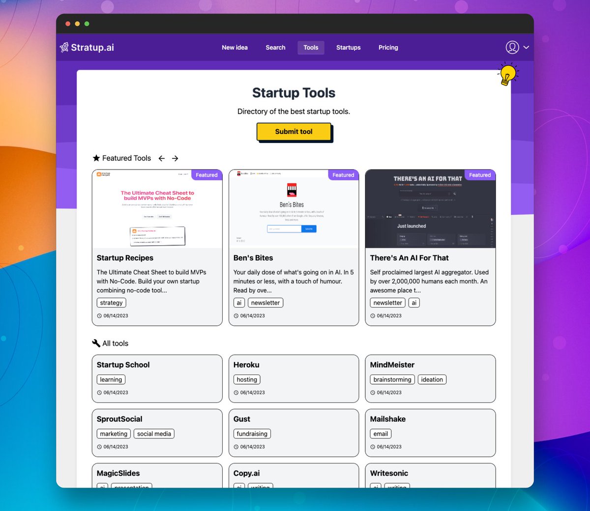 🚀 Just launched a new curated Tool Directory featuring tools for founders and entrepreneurs. Check it out and send us any tools you think should be added. Are you a product owner? Submit your tool stratup.ai/tools #startup #ai #tools