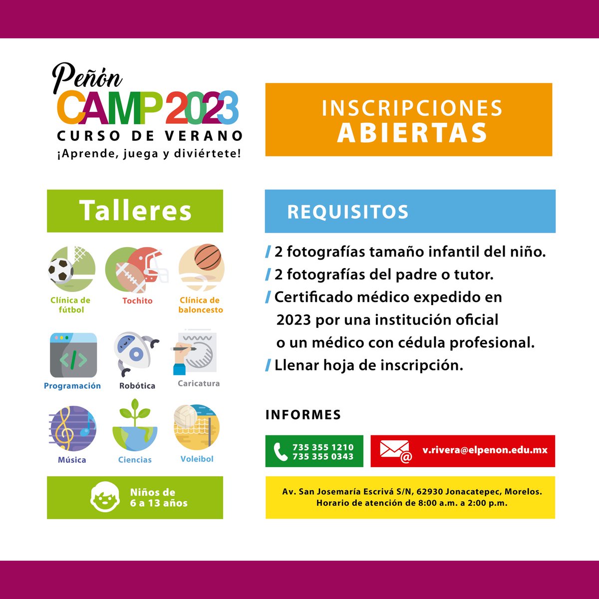 FundacionPenon's tweet photo. ¡Ya viene el #PeñónCamp2023! 📷📷
Con talleres de música, fútbol y mucho más
CUPO LIMITADO ¡Contáctanos!
#Morelos https://t.co/PSRH1ZpHjz