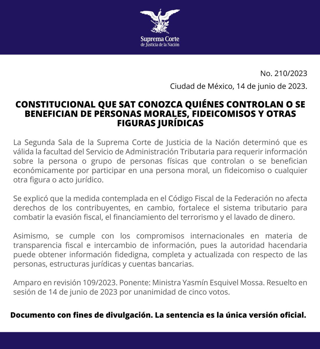 sabagbecker's tweet photo. Hoy 14 de junio de 2023, la Segunda Sala de la @SCJN confirmó la validez de la facultad del @SATMX para requerir información sobre el #beneficiariocontrolador de una empresa, un fideicomiso o cualquier otra figura o acto jurídico. https://t.co/OIThvJBDie