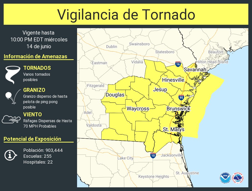 Vigilancia de Tornado a sido emitida para partes de Florida y Georgia hasta las 10 PM EDT