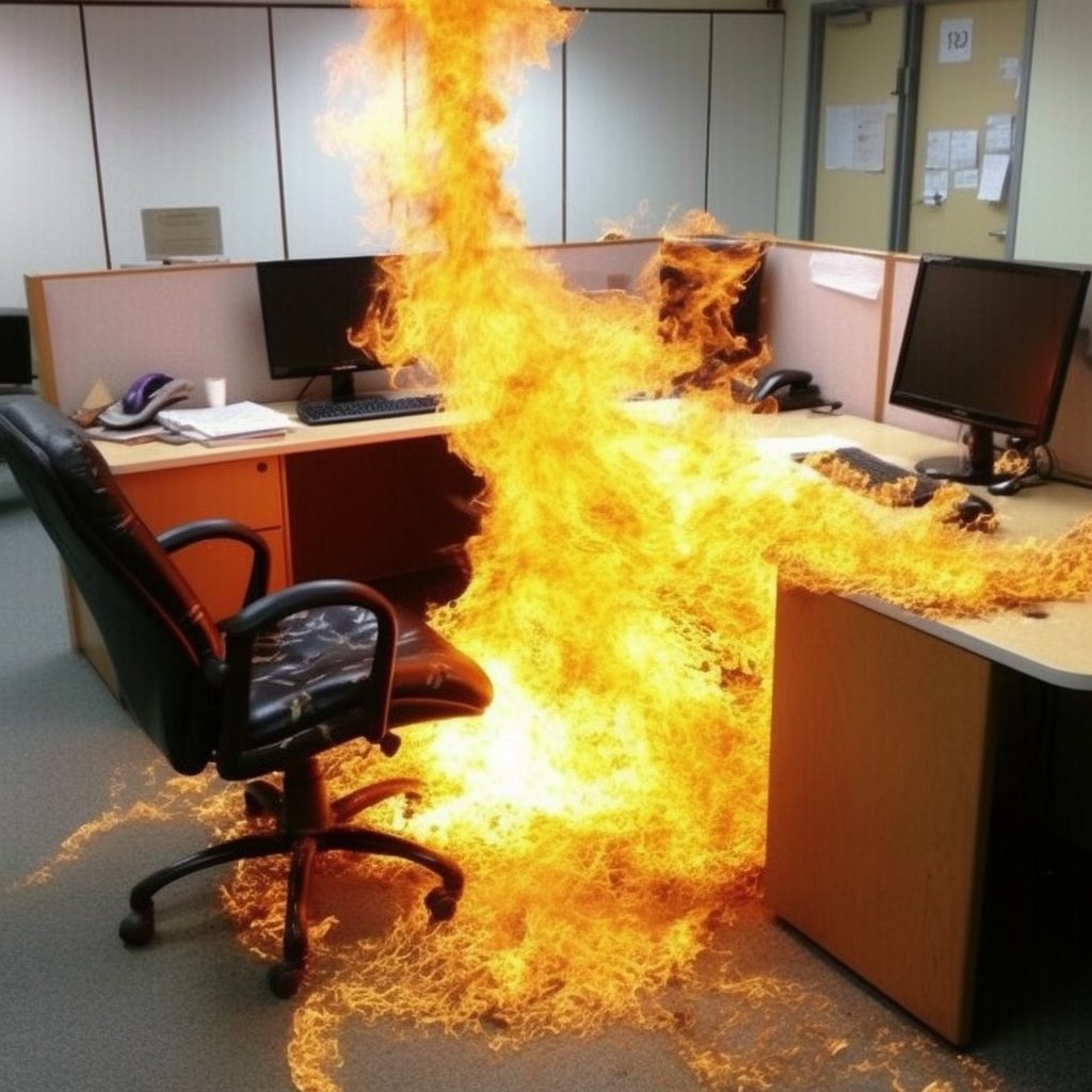 AITeachAndLearn's tweet photo. Phew! Today was a tough one at the office, work piling up higher than a skyscraper 🏢📚. Tried setting 'a bad day at the office' as my MJ prompt and got back some spooky stuff! One image of an office on fire 🔥, another smeared with blood 😱Are you suggesting something to me, MJ? https://t.co/hOFIdEUt43