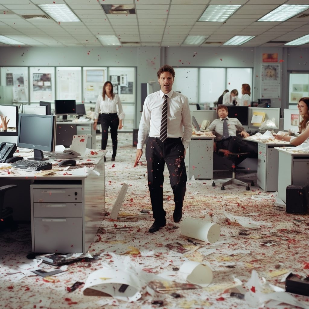 AITeachAndLearn's tweet photo. Phew! Today was a tough one at the office, work piling up higher than a skyscraper 🏢📚. Tried setting 'a bad day at the office' as my MJ prompt and got back some spooky stuff! One image of an office on fire 🔥, another smeared with blood 😱Are you suggesting something to me, MJ? https://t.co/hOFIdEUt43