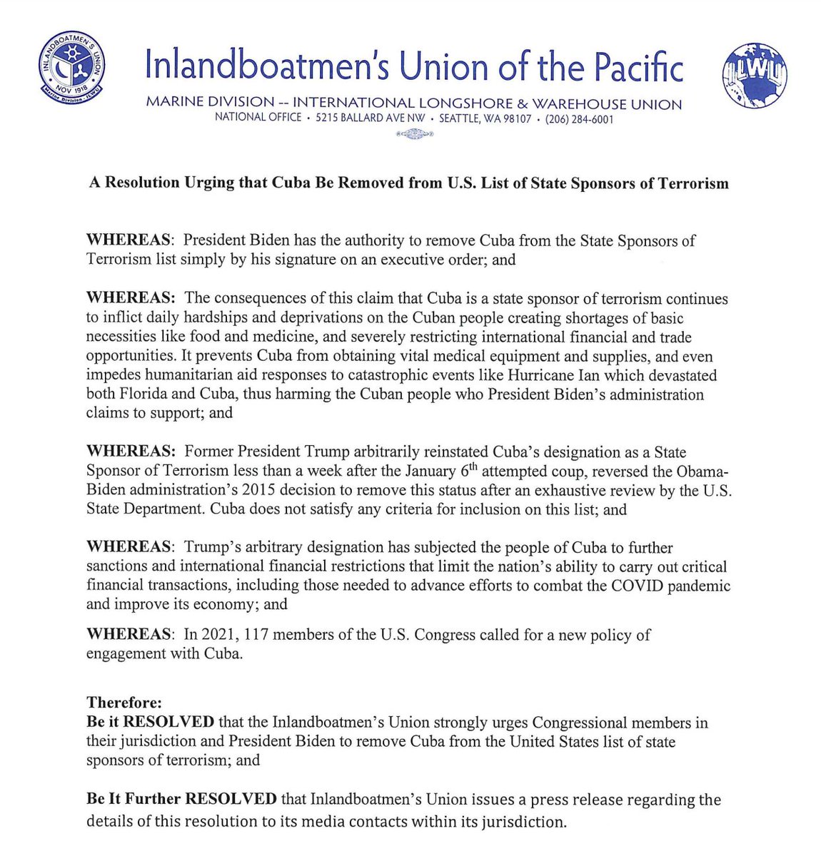 BREAKING 🚨 The IBU National Executive Council, the largest inland union representing mariners on the West Coast, passed a resolution 'strongly [urging] Congressional members in their jurisdiction & Biden to remove Cuba from the US list of state sponsors of terrorism' #OffTheList