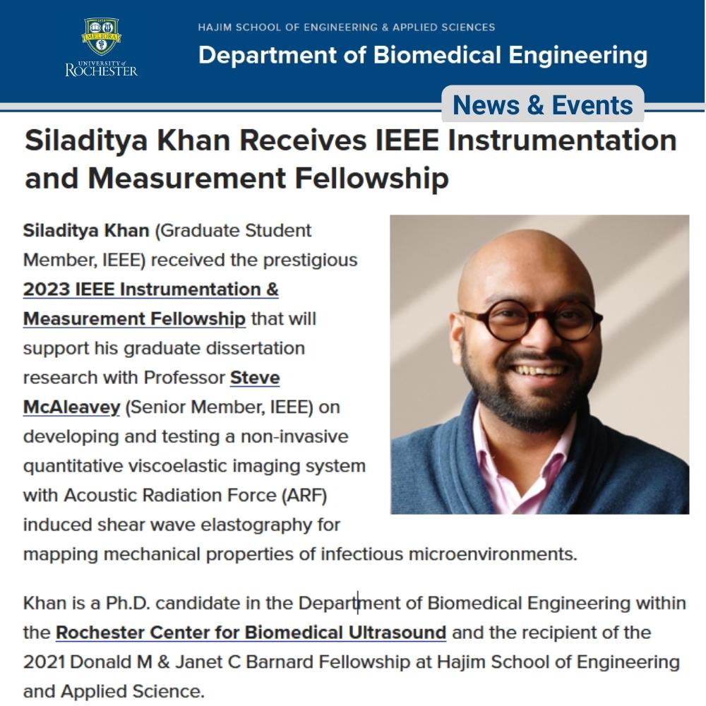 UofRBME's tweet photo. Congratulations to Siladitya Khan (Graduate Student Member, IEEE) on receiving the 2023 @IEEE Instrumentation &amp; Measurement  Fellowship!
----------->: https://t.co/5gRuYMb8wO  
#HAJIM, #urochesterresearch #biomedicalengineering #fellowship #ieee #Meliora, #RCBU, @uofr #urbme https://t.co/5dqLTHO3ej