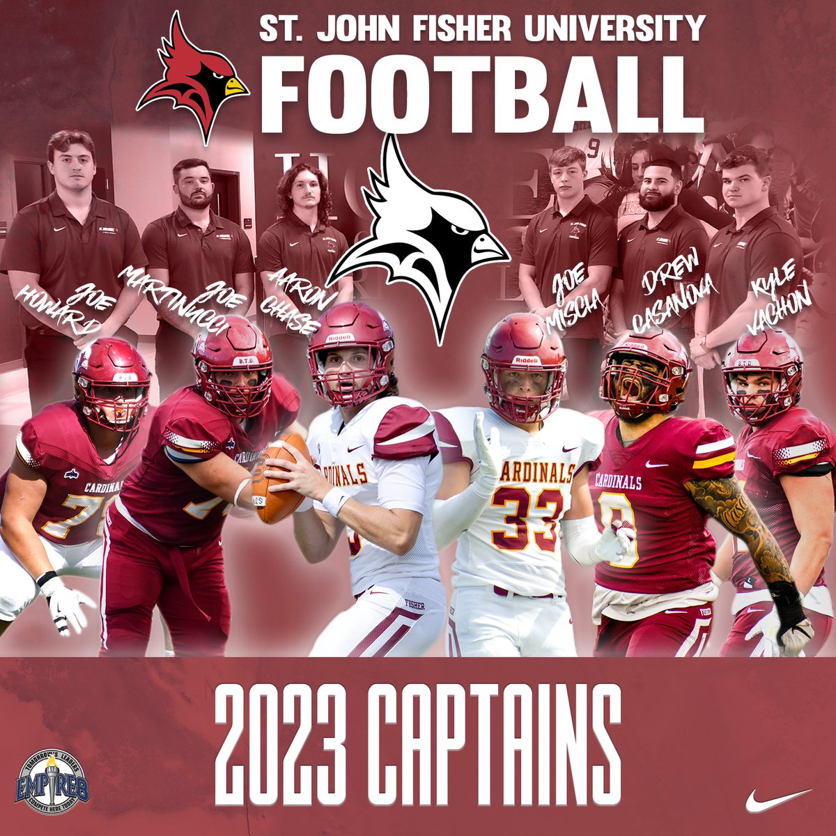 Please join us in congratulating our 2023 St. John Fisher Football Captains... Joe Howard, Joe Martinucci, Aaron Chase, Joe Miscia, Drew Casanova &amp; Kyle Vachon! 55 days until they lead us into camp! 

#BeTheDifference #CardinalCode