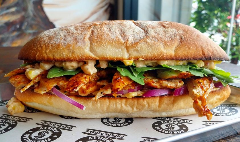 FiveDollarPhil1's tweet photo. Have you tried the new CHICKEN BAYOU yet?

Blackened buttermilk chicken breast, spicy Cajun ranch, buttered sweetcorn, red onion &amp; topped with arugula all served in our freshly toasted baguette.

Order via Facebook Messenger, Lineman, Grab and Robinhood.

#fivedollarphilly https://t.co/dwbGoEtw9p