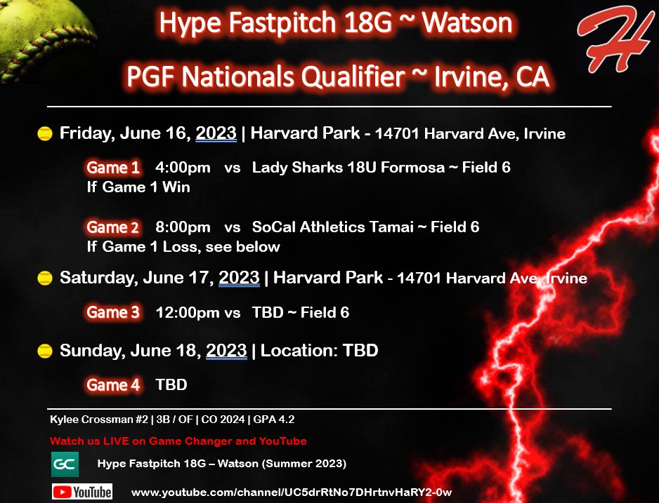 Kylee Crossman 2024 (@kyleecrossman24) on Twitter photo We are back at it in Irvine for the PGF National Qaulifier June 16-18! I hope to see you there :)
<a href="/CoachAJ10/">Coach AJ Robinson</a> <a href="/stef_ewing/">Stef Ewing</a> <a href="/CSUSMsoftball/">CSUSM Softball</a> <a href="/ChicoStateSB/">Chico State Softball</a> <a href="/angelshamblin/">Angel Shamblin</a> <a href="/cyrena_taylor/">Cyrena Taylor</a> <a href="/SSUsoftball/">SSU Softball</a> <a href="/SFState_SB/">SF State Softball</a> <a href="/Jessup_SFT/">Jessup Softball</a> <a href="/Hype18Gold/">Hype Fastpitch 18 Gold</a> We are back at it in Irvine for the PGF National Qaulifier June 16-18! I hope to see you there :)
<a href="/CoachAJ10/">Coach AJ Robinson</a> <a href="/stef_ewing/">Stef Ewing</a> <a href="/CSUSMsoftball/">CSUSM Softball</a> <a href="/ChicoStateSB/">Chico State Softball</a> <a href="/angelshamblin/">Angel Shamblin</a> <a href="/cyrena_taylor/">Cyrena Taylor</a> <a href="/SSUsoftball/">SSU Softball</a> <a href="/SFState_SB/">SF State Softball</a> <a href="/Jessup_SFT/">Jessup Softball</a> <a href="/Hype18Gold/">Hype Fastpitch 18 Gold</a>