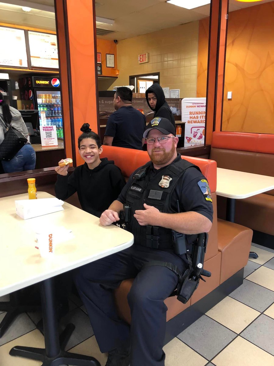 MethuenPolice's tweet image. Congratulations Javid! Javid won a ride to school in a police cruiser as part of a #Methuen Community Studios Music Bingo prize. Officers Brandon Laflamme and Mark Aiello picked him up, brought him to Dunks for breakfast, and drove him to school, in style.