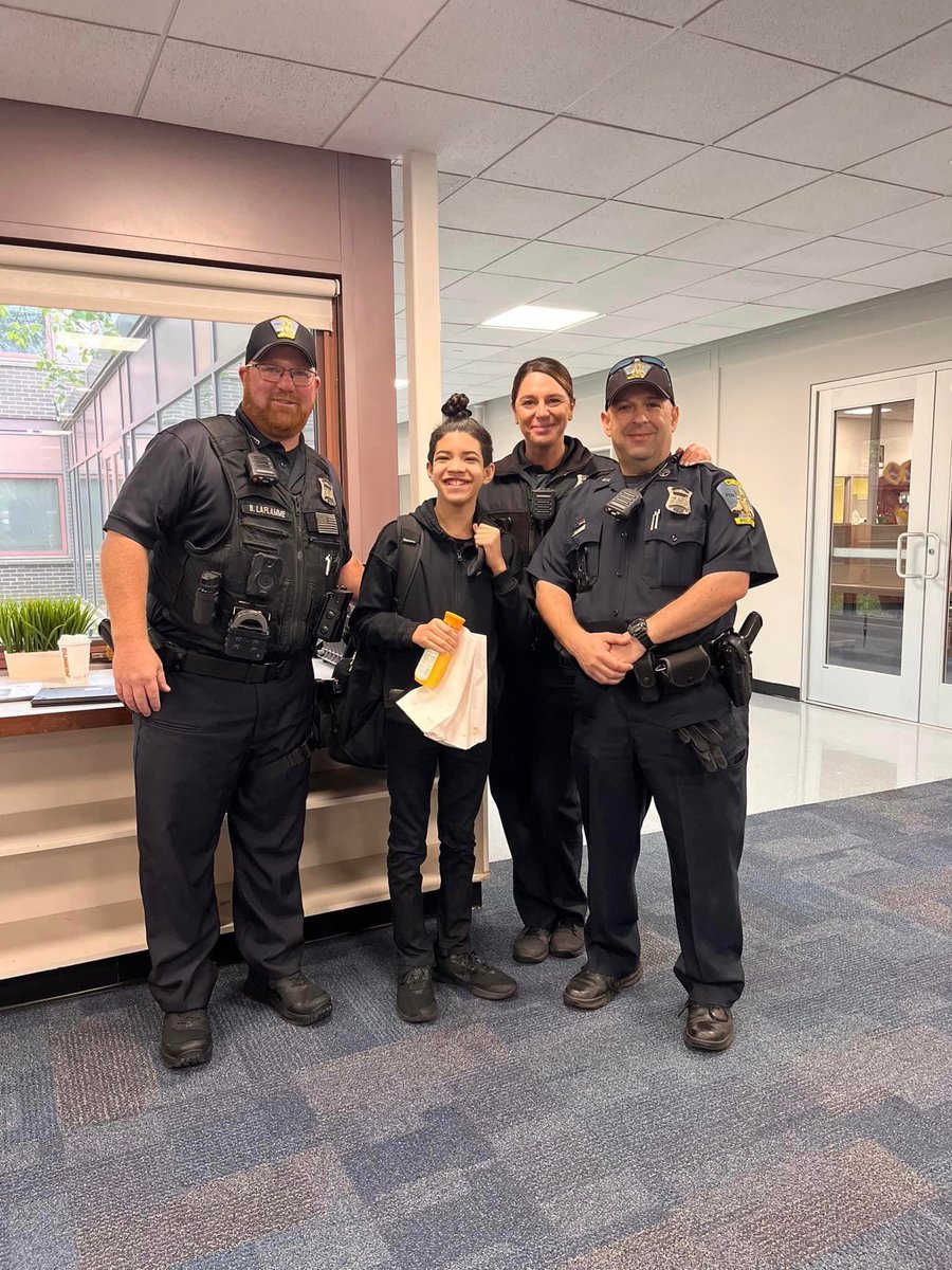 MethuenPolice's tweet image. Congratulations Javid! Javid won a ride to school in a police cruiser as part of a #Methuen Community Studios Music Bingo prize. Officers Brandon Laflamme and Mark Aiello picked him up, brought him to Dunks for breakfast, and drove him to school, in style.