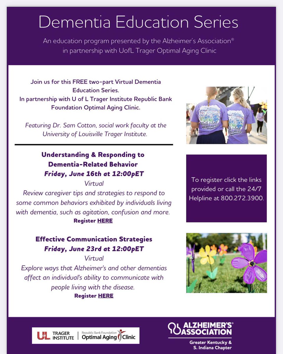 TragerInstitute's tweet photo. Don't miss out! Tune in THIS FRIDAY to learn strategies and tips on responding to common dementia behaviors. Join our FREE two-part education series with @AlzKYIN! Register for the virtual session here: https://t.co/nxdJ06xOt9 https://t.co/mTNdQxfNBN