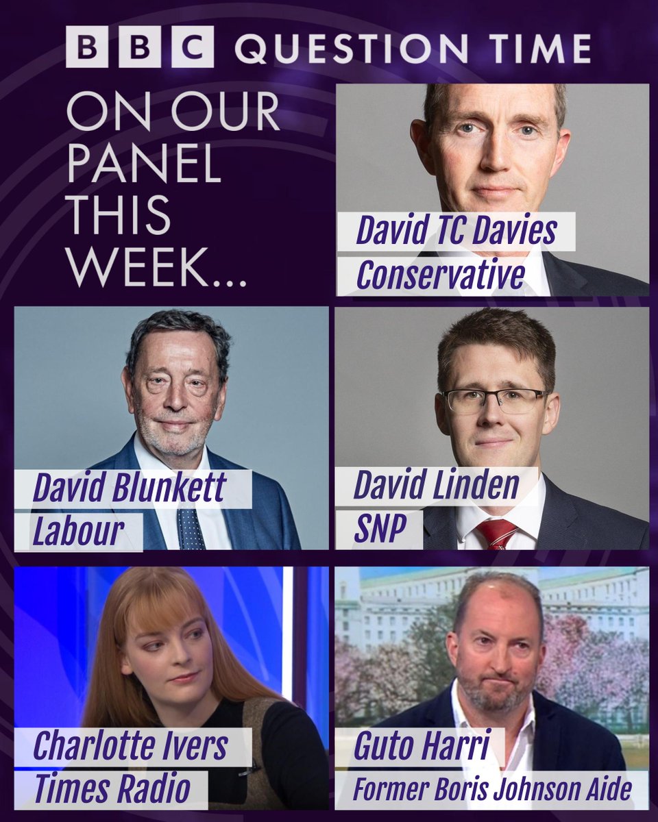 On Question Time tomorrow, Fiona will be joined by David TC Davies, David Blunkett, Charlotte Ivers, David Linden and Guto Harri  

Join us and an audience from Deeside at 8pm on @BBCiPlayer or on @BBCOne after the 10 o'clock news  

#bbcqt bbc.in/3J2kCEa