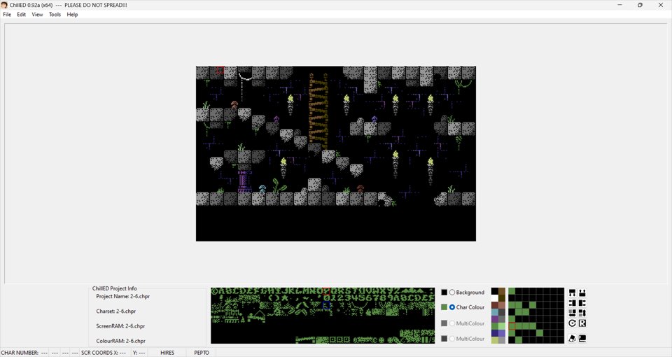 CHILL3R on #C64 update! Stage 2 (Creepy Castle) design underway! See one screen below in my editor. Torch flames will animate. Hazards include slime pools and speared pits! #commodore64 <a href="/EverythingC64/">Everything C64</a> @C64Retweets #8bit #RETROGAMING #retro #pixelart